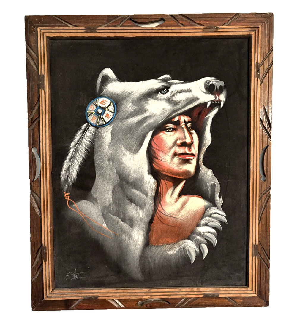 Vintage Native American Wolf Art on Black Velvet Signed Ortiz 23" x 19"